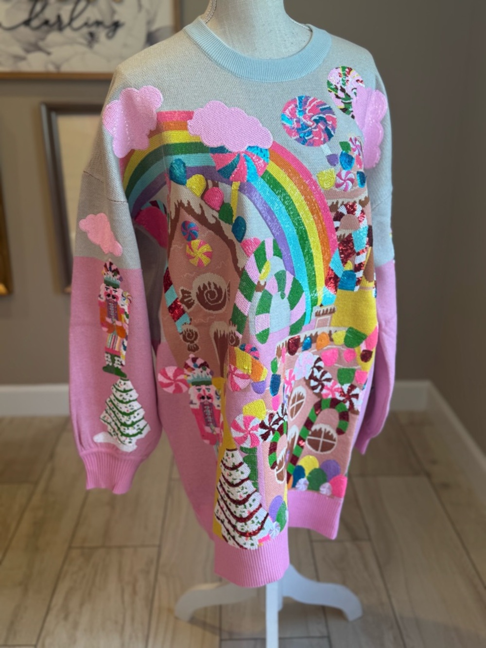 New! QUEEN OF SPARKLES Pink Candyland Sequin Sweater Dress - Picture 3 of 10